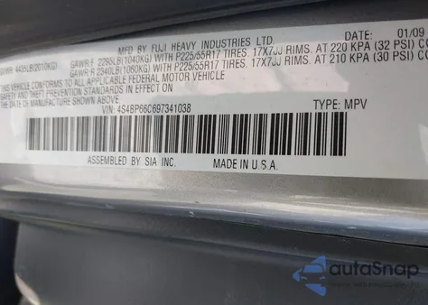 2009 Subaru Outback 2.5I Limited from USA, damaged, VIN 4S4BP66C697341038